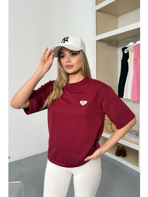 Giysa Kadın Bisiklet Yaka Aksesuar Detaylı 2ip T-Shirt Bordo - 26Y 26607