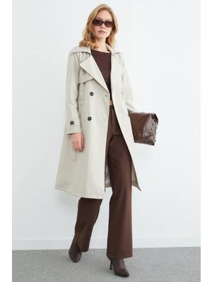 FullaModa Kuşaklı Kruvaze Yaka Uzun Trençkot