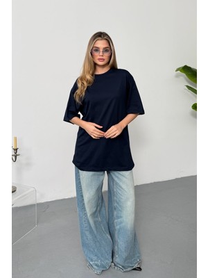 Giysa Kadın Bisiklet Yaka Oversize %100 Pamuklu Basic T-Shirt Lacivert - 26Y 26501