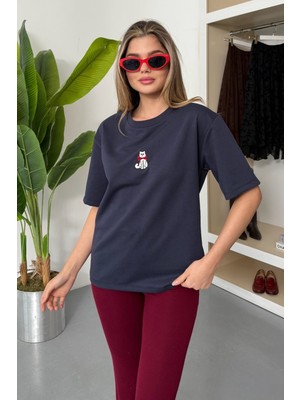 Giysa Kadın Bisiklet Yaka Kedi Nakışlı 2ip T-Shirt Lacivert - 26Y 26605