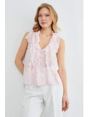 FullaModa Çizgili Fırfırlı Jakarlı Bluz