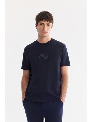 AVVA Erkek Lacivert Bisiklet Yaka Baskılı Bi-Stretch İnterlok Regular Fit T-shirt A61Y1054