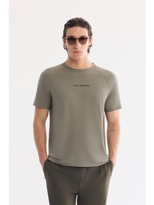 AVVA Erkek Haki Bisiklet Yaka Jel Baskılı  T-Shirt A61Y1020