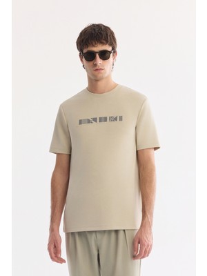 AVVA Erkek Bej Bisiklet Yaka Baskılı İnterlok Regular Fit T-Shirt A61Y1061