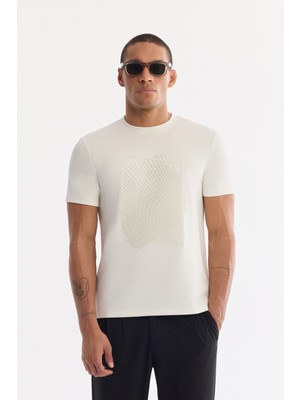 AVVA Erkek Ekru Bisiklet Yaka Baskılı Bi-Stretch İnterlok Regular Fit T-shirt A61Y1056