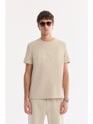 AVVA Erkek Bej Bisiklet Yaka Baskılı Bi-Stretch İnterlok Regular Fit T-shirt A61Y1068