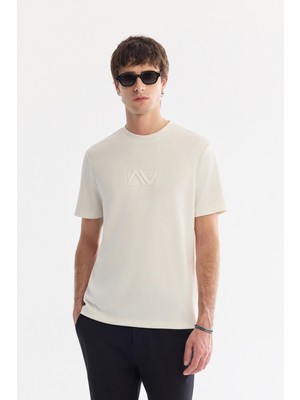 AVVA Erkek Ekru Bisiklet Yaka Baskılı İnterlok Regular Fit T-Shirt A61Y1054