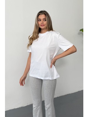 Giysa Kadın Bisiklet Yaka %100 Pamuklu Basic T-Shirt Beyaz - 26Y 26503