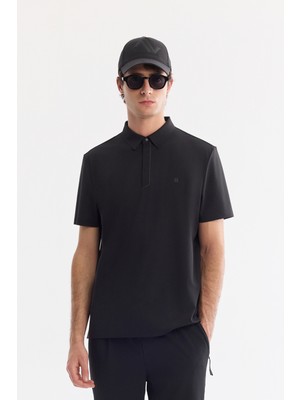 AVVA Erkek Siyah Kırılmaz Polo Yaka Magnet Düğmeli Teknik Kumaş T-Shirt A61Y1108