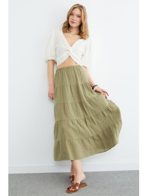 FullaModa Beli Lastikli Müslin Kumaş Etek