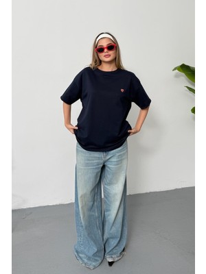 Giysa Kadın Kalp Aksesuarlı 2ip T-Shirt Lacivert - 26Y 26606