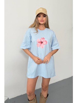 Giysa Kadın Bisiklet Yaka Lotus Baskılı Oversize T-Shirt Mavi - 26Y 26502