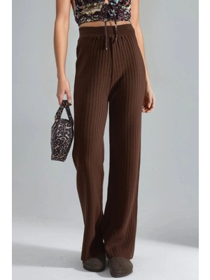 Hiccup Kadın My Fashıon Dokulu Ribanalı Geniş Paça Örgü Pantolon Kahve Kahvesi