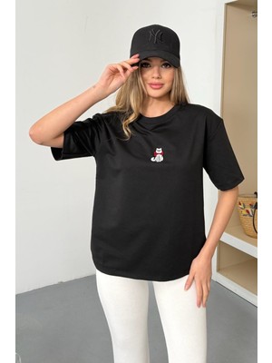 Giysa Kadın Bisiklet Yaka Kedi Nakışlı 2ip T-Shirt Siyah - 26Y 26605
