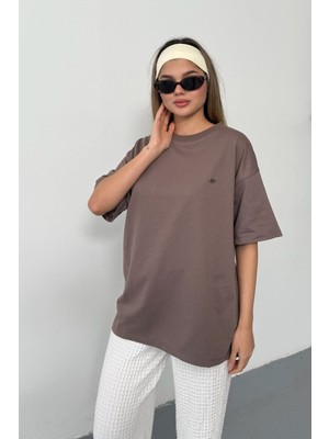 Giysa Kadın Bisiklet Yaka Fiyonk Aksesuarlı 2ip T-Shirt Açık Kahverengi - 26Y 26609
