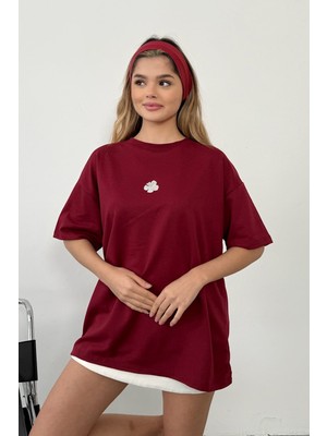 Giysa Kadın Bisiklet Yaka Lotus Aksesuarlı 2ip T-Shirt Bordo - 26Y 26604