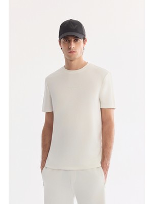AVVA Erkek Ekru Bisiklet Yaka Baskılı Viskon Karışımlı Bi-Stretch İnterlok Regular Fit T-shirt A61Y1043