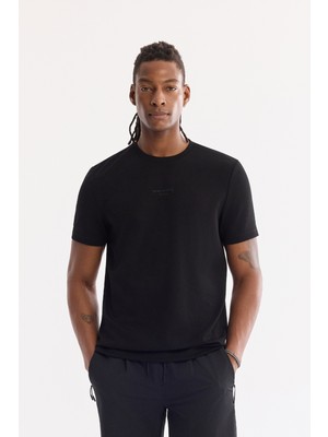 AVVA Erkek Siyah Bisiklet Yaka Baskılı Viskon Karışımlı Bi-Stretch İnterlok Regular Fit T-shirt A61Y1043