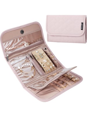 Skygo Belalıfe Seyahat Takı Kutusu Düzenleyici, Küpeler, Kolyeler, Yüzükler, Bilezikler, Broşlar, Pembe Için Katlanabilir Takı Saklama Rulosu