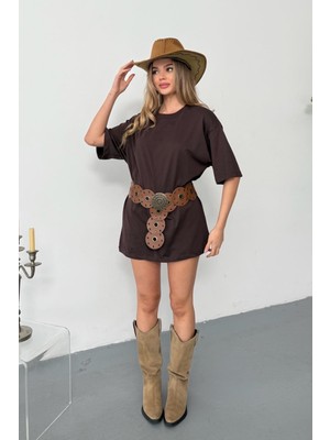 Giysa Kadın Bisiklet Yaka Oversize %100 Pamuklu Basic T-Shirt Kahverengi - 26Y 26501