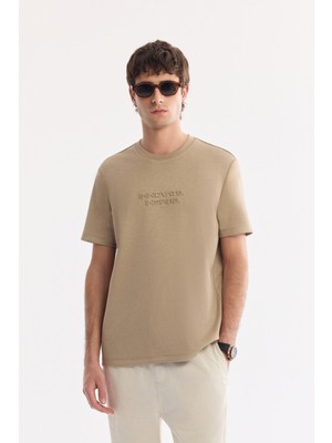 AVVA Erkek Vizon Bisiklet Yaka Gofre Baskılı İnterlok T-Shirt A61Y1082