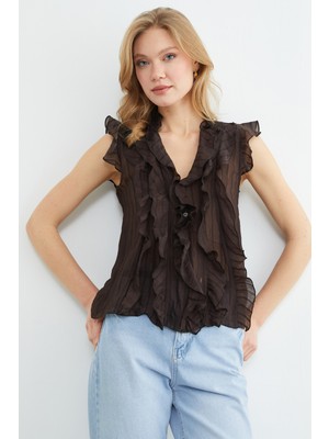 FullaModa Çizgili Fırfırlı Jakarlı Bluz