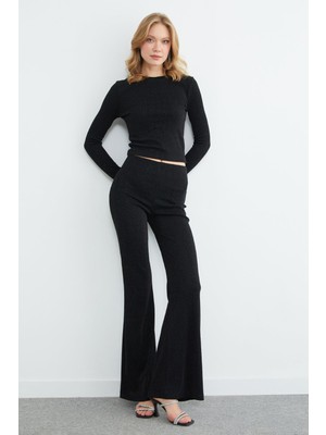 FullaModa Beli Lastikli Taşlı Simli Flare Pantolon