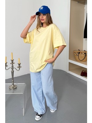 Giysa Kadın Bisiklet Yaka Oversize %100 Pamuklu Basic T-Shirt Sarı - 26Y 26501