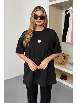 Giysa Kadın Bisiklet Yaka Lotus Aksesuarlı 2ip T-Shirt Siyah - 26Y 26604