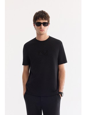 AVVA Erkek Siyah Bisiklet Yaka Baskılı İnterlok Regular Fit T-Shirt A61Y1054