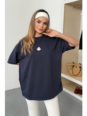 Giysa Kadın Bisiklet Yaka Lotus Aksesuarlı 2ip T-Shirt Lacivert - 26Y 26604