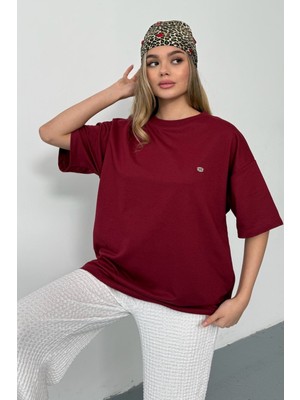 Giysa Kadın Bisiklet Yaka Fiyonk Aksesuarlı 2ip T-Shirt Bordo - 26Y 26609