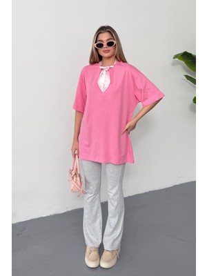 Giysa Kadın Fular Aksesuarlı %100 Pamuklu T-Shirt Pembe - 26Y 26509