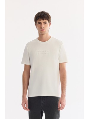 AVVA Erkek Ekru Bisiklet Yaka Baskılı Bi-Stretch İnterlok Regular Fit T-shirt A61Y1082