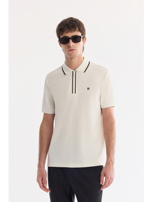 AVVA Erkek Ekru Kıvrılmaz Polo Yaka Fermuarlı İnterlok Regular Fit T-Shirt A61Y1003