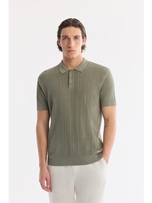AVVA Erkek Açık Haki Polo Yaka Düğmeli Jakarlı Regular Fit Triko T-shirt A61Y5013