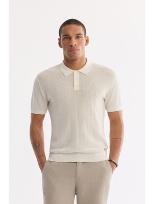 AVVA Erkek Ekru Polo Yaka Düğmeli Jakarlı Regular Fit Triko T-shirt A61Y5013
