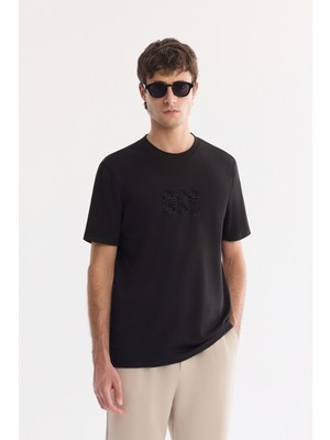 AVVA Erkek Siyah Bisiklet Yaka Baskılı Viskon Karışımlı Regular Fit T-Shirt A61Y1160