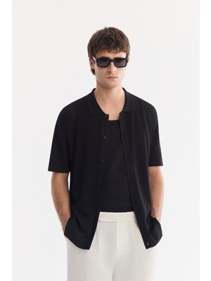 AVVA Erkek Siyah Polo Yaka Önden Düğmeli Regular Fit Triko T-Shirt A61Y5017