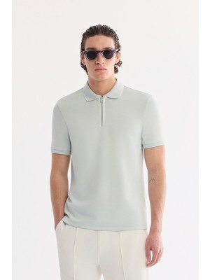 AVVA Erkek Su Yeşili Kıvrılmaz Polo Yaka Fermuarlı İnterlok Regular Fit T-Shirt A61Y1003