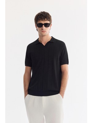 AVVA Siyah Polo Yaka Düğmesiz Dokulu Regular Fit Triko T-Shirt A61Y5044