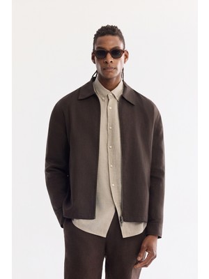AVVA Erkek Kahve Klasik Yaka Fleto Cepli Fermuarlı Keten Ceket A61Y6005