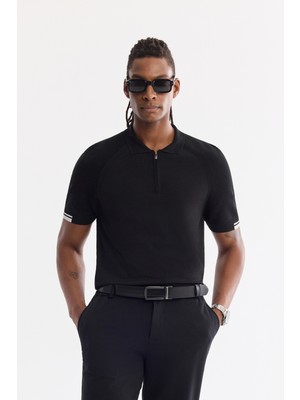 AVVA Erkek Siyah Polo Yaka Fermuarlı Rayon Karışımlı Regular Fit Triko T-Shirt A61Y5009