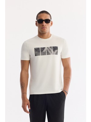 AVVA Erkek Ekru Bisiklet Yaka Baskılı Bi-Stretch İnterlok Regular Fit T-shirt A61Y1144