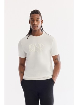 AVVA Erkek Ekru Bisiklet Yaka Baskılı İnterlok Regular Fit T-Shirt A61Y1068