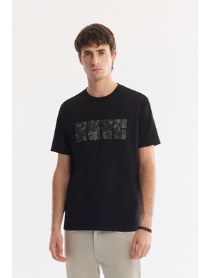 AVVA Erkek Siyah Bisiklet Yaka Baskılı Bi-Stretch İnterlok Regular Fit T-shirt A61Y1144