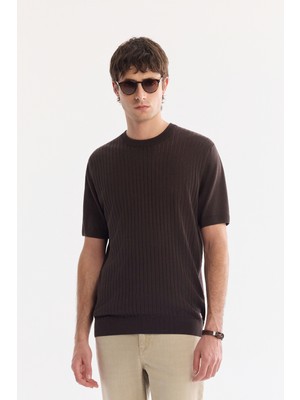 AVVA Erkek Kahverengi Bisiklet Yaka Keten Karışımlı Comfort Fit Triko T-Shirt A61Y5014