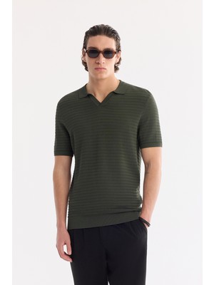 AVVA Erkek Haki Polo Yaka Düğmesiz Dokulu Triko T-shirt A61Y5033