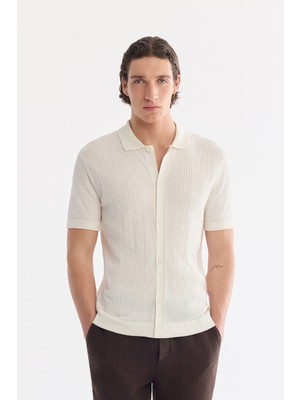 AVVA Erkek Ekru Polo Yaka Önden Düğmeli Ajurlu Triko Kısa Kollu Hırka A61Y5037