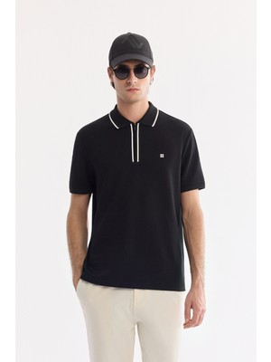 AVVA Erkek Siyah Kıvrılmaz Polo Yaka Fermuarlı Bi-Stretch İnterlok Regular Fit T-shirt A61Y1003